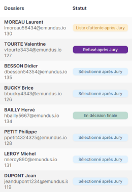 Capture d'écran de la liste des décisions